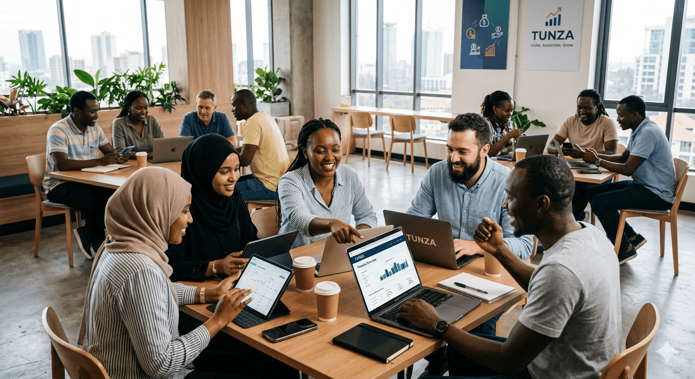 Diverse, tech-enabled local Kenyan community members collaborating